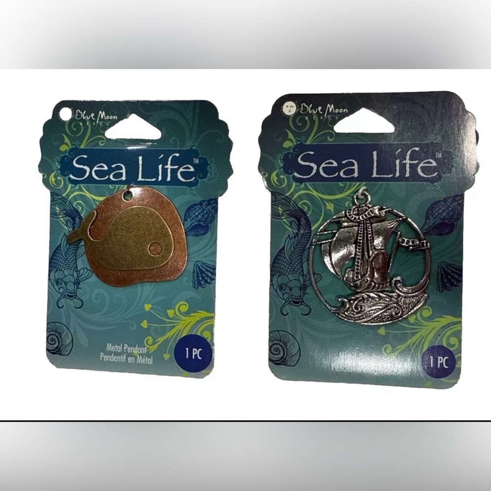2pc Nautical Bronze Whale & Silver Boat Craft Metal Pendant Blue Moon Seal Life
